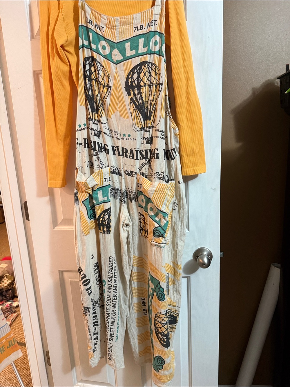 Jaded Gypsy Graphic Cream Overalls with Yellow and Teal Print - Picture 3 of 3